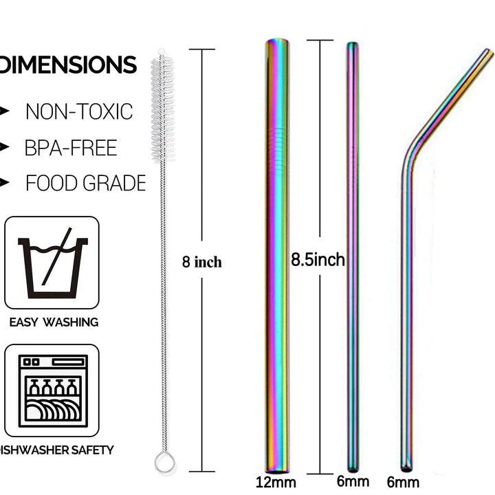 Reusable Metal Straw 304 Stainless Steel Drinking Straws Set with Cleaning Brushes Straight Bent Boba Straw Bar Party Accessory